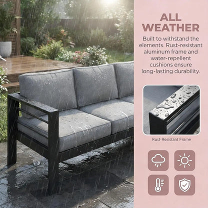 Outdoor Couch Aluminum Patio Furniture Sofa, 3 Seat All-Weather Metal Patio Couch With 5" Thick And Soft Cushion, Customized