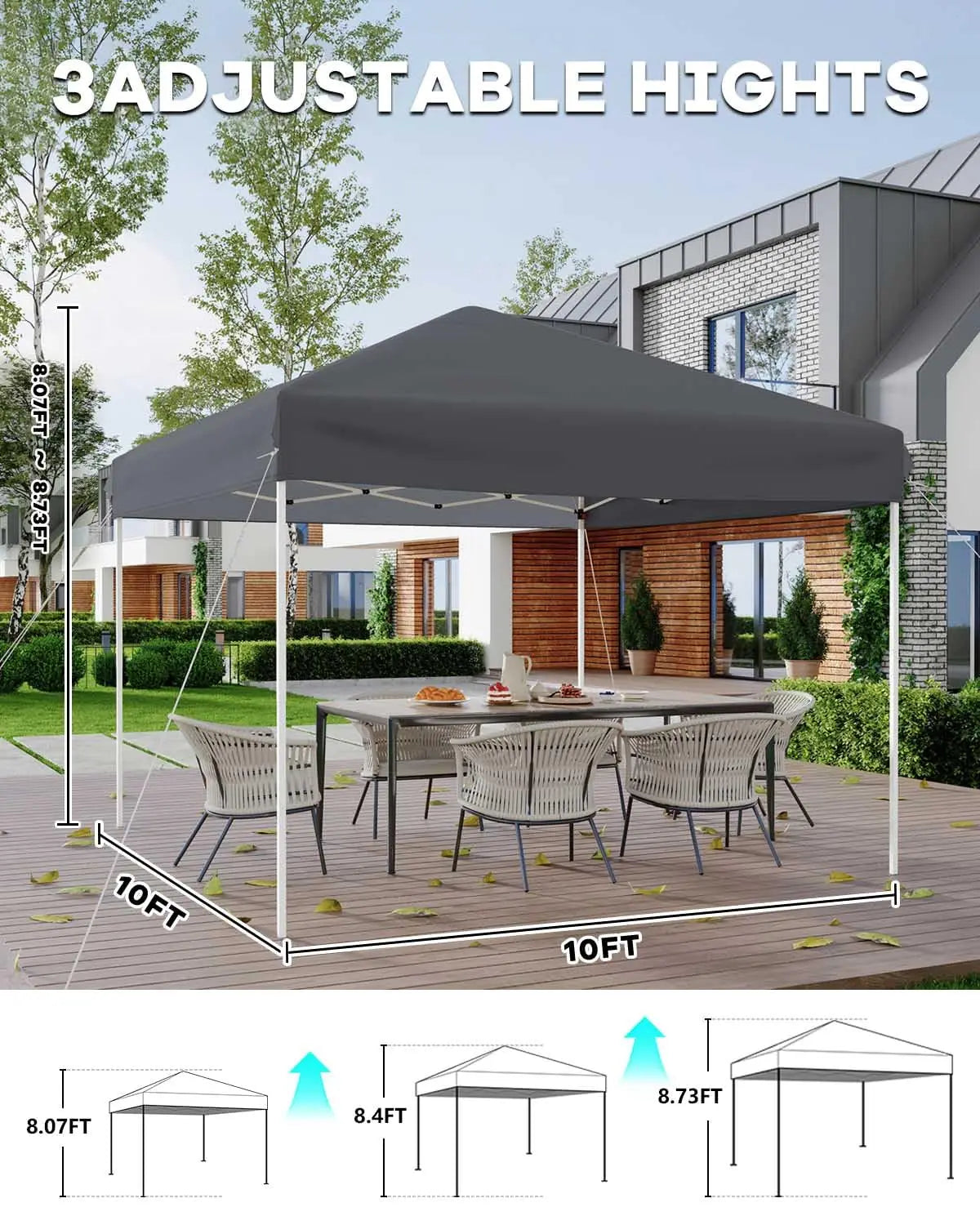 10x10 FT Pop Up Canopy Tent with 3 Adjustable Heights – Outdoor Sun Shade Shelter, 4 Sandbags & Carry Bag, for Parties & Events