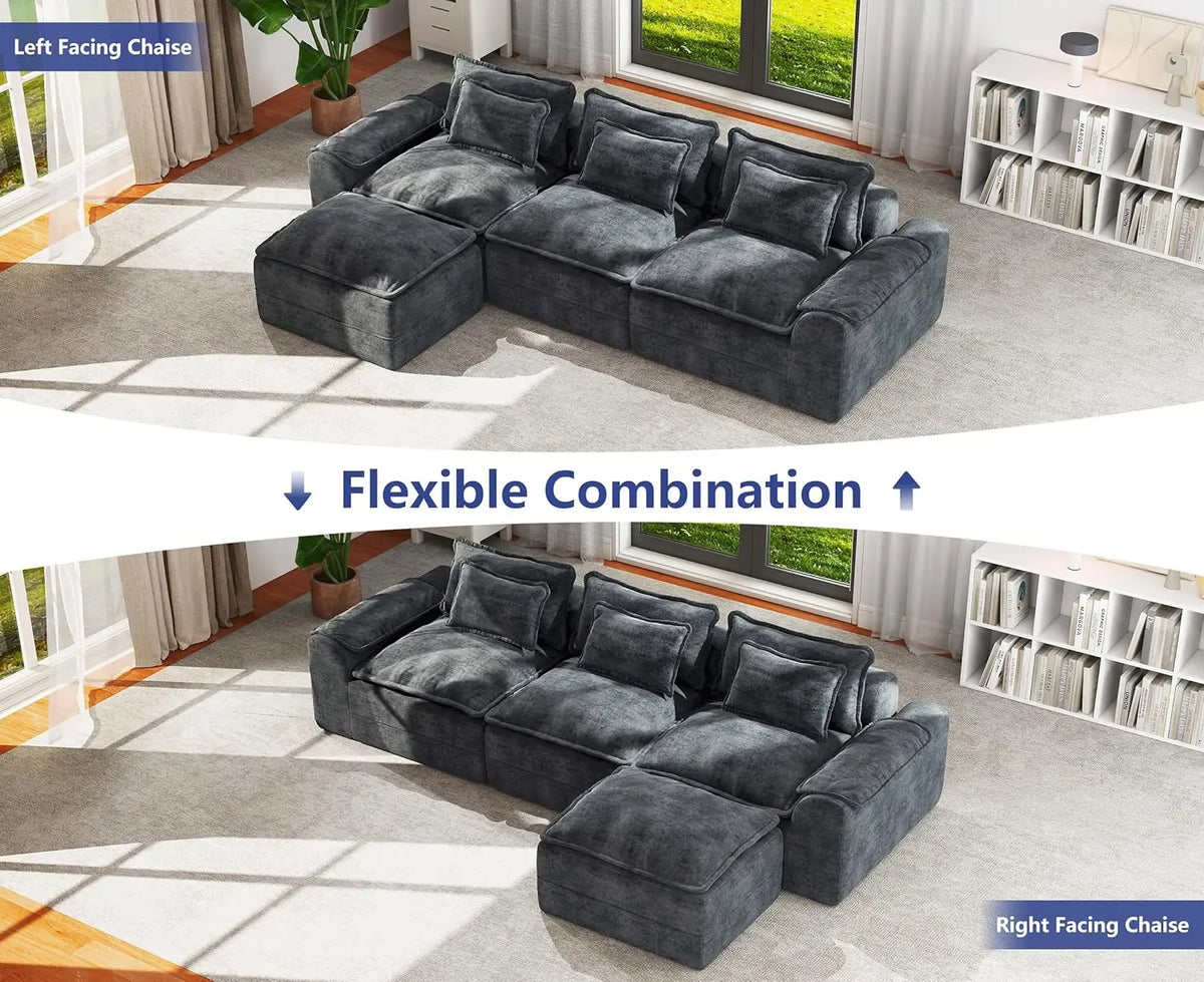 120in Modular Sectional Sofa Deep Seat Removable Cover Living Room 3-Seater Blue Grey Customized