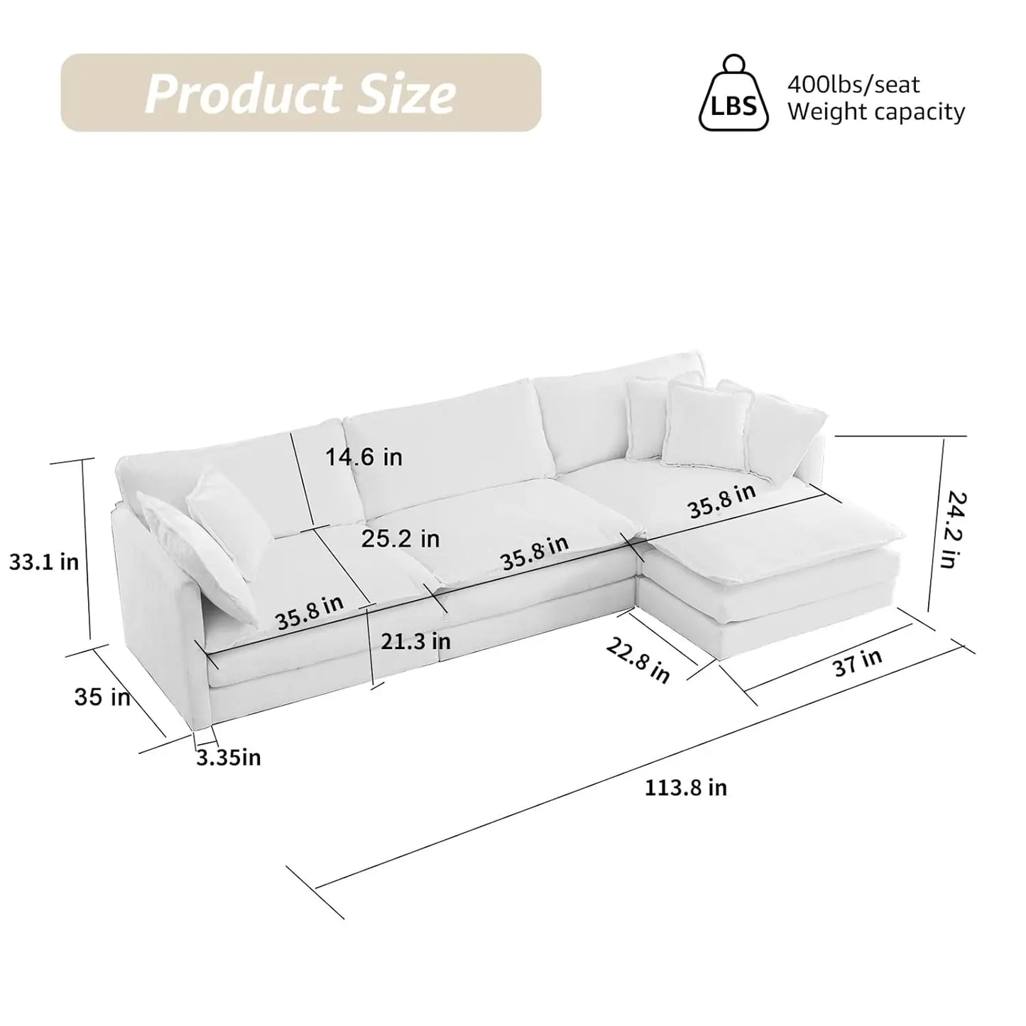 113.8" Modern Sectional Couches for Living Room, Beige Chenille Comfy Cloud Couch Sectional, 3 Seater Couch for Living, Custom