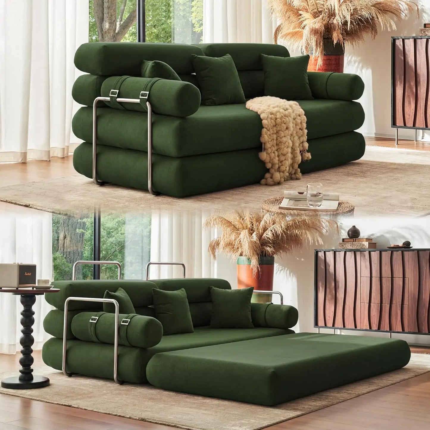 Convertible Sleeper Sofa - 35'' High-Back Floor Couch Bed - Folding Sofa Bed with Rounded Arm Supports - Floor Sofa Lounge