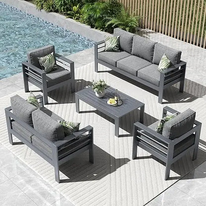 5 Pieces Modern Aluminum Patio Furniture Set, Outdoor Conversation Sets Metal Sectional Sofa with Coffee Table
