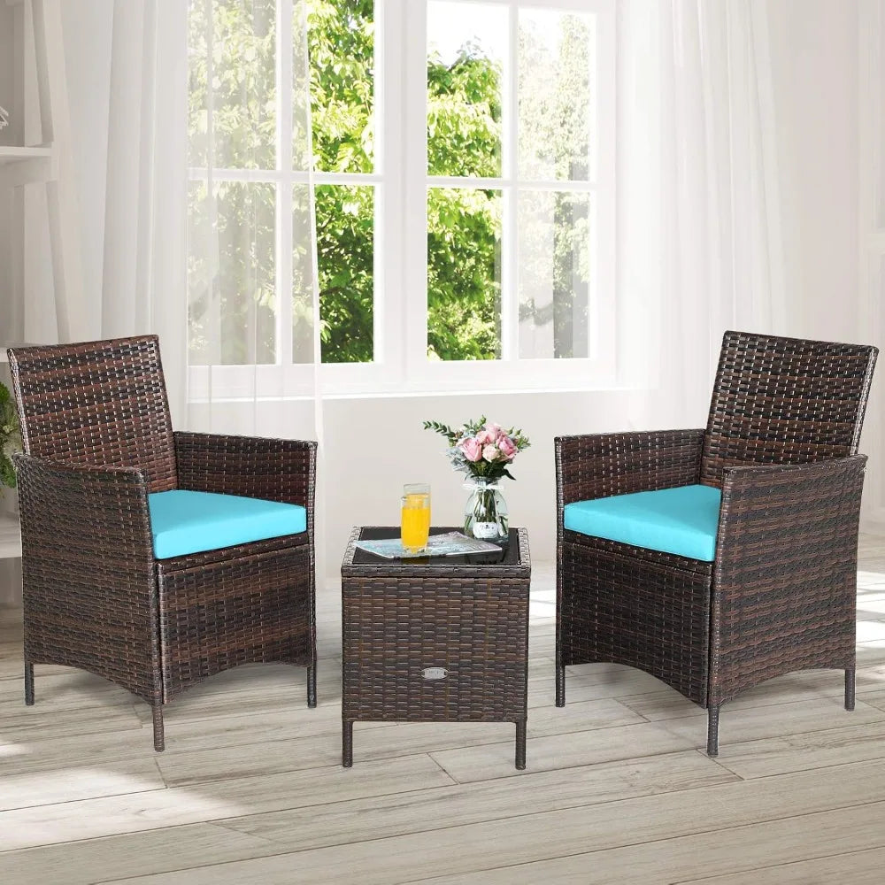 3 Pieces Patio Furniture Set, Wicker Outdoor Furniture with Water-Resistant Cushion & Tempered Glass Top Table, Conversation Set