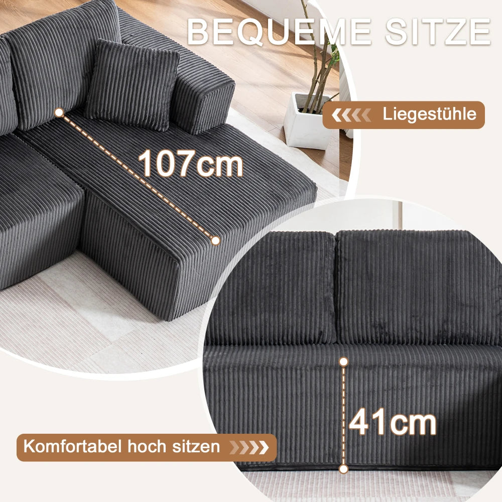 Living Room Boneless Modular Sofa, Corduroy Fabric, Modern U-shaped Leisure Sofa, High-density Sponge, No Assembly, for Home