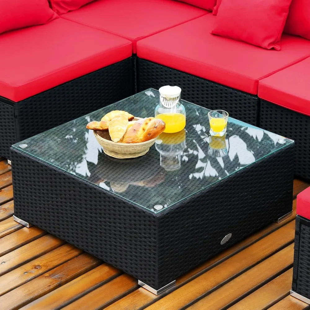 7 Piece Patio Furniture Set, Outdoor Sectional Sofa w/Pillows and Cushions, Wicker Sofa Conversation Set with Coffee Table