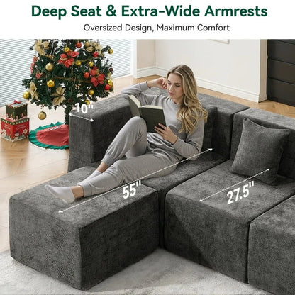 130" Oversized Modular Sectional Sofa for Living Room Furniture, Chenille Cloud Couch with Ottomans, Dark Gray