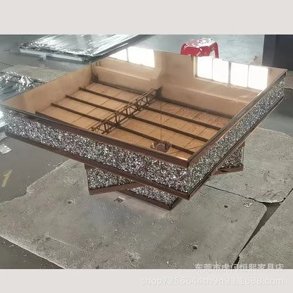 2024 hot sale modern light luxury rose gold 3D three-dimensional mirror rhinestone glass living room square coffee table corner