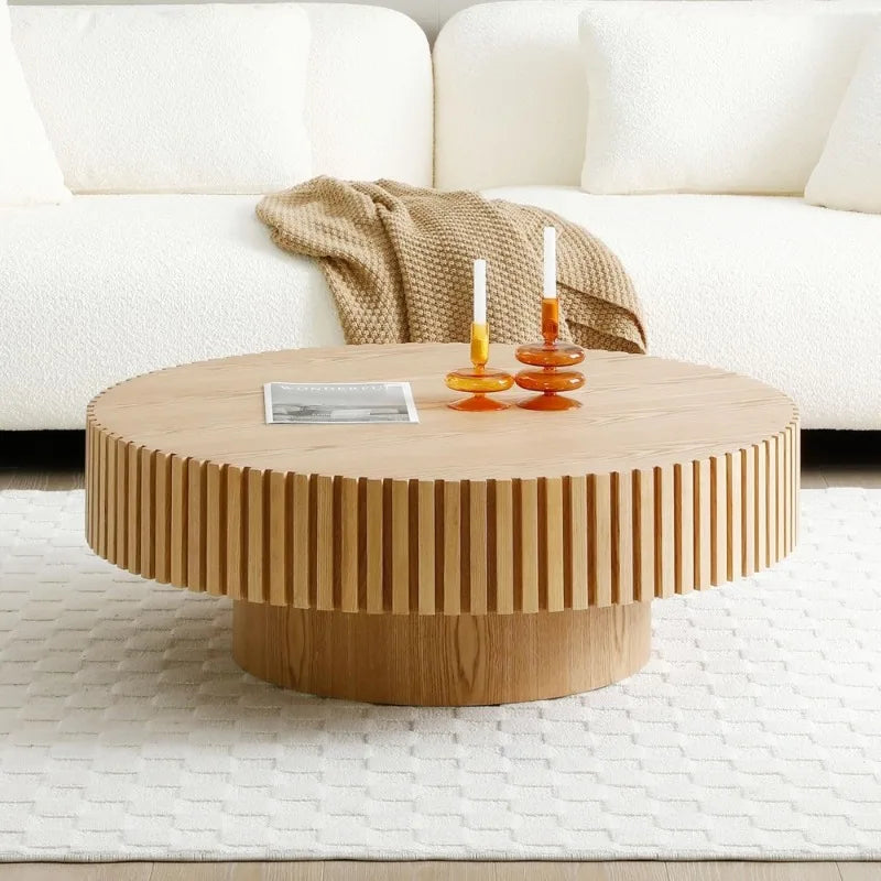 Round Coffee Table for Living Room Contemporary Wood Circle Fluted Coffee Table for Apartment, Easy Assembly - HOME