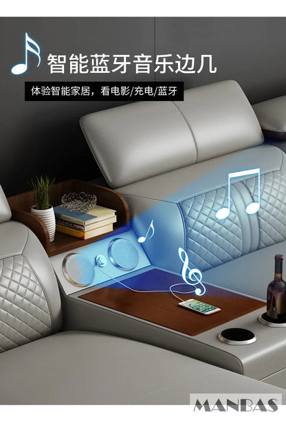 Modern Italian Genuine Leather Sofa for Living Room with Cup Holder, USB, Adjustable Headrests & Bluetooth Speaker - Linlamlim