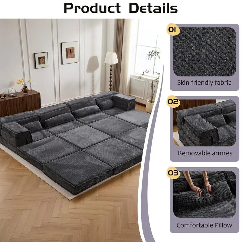 Modular Convertible Floor Sofa Bed, DIY Boneless Sectional Sofa, No Assembly Needed, Oversized 4-Seater with 2 Ottomans, Dark