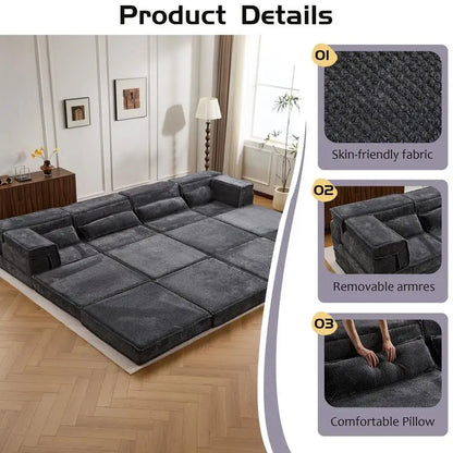 Modular Convertible Floor Sofa Bed, DIY Boneless Sectional Sofa, No Assembly Needed, Oversized 4-Seater with 2 Ottomans, Dark