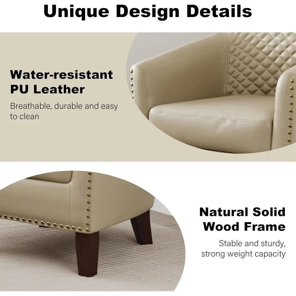 Faux Leather Accent Barrel Chair with Nailed Trim, Comfortable Club Chair for Living Spaces (Beige, 1 Set)
