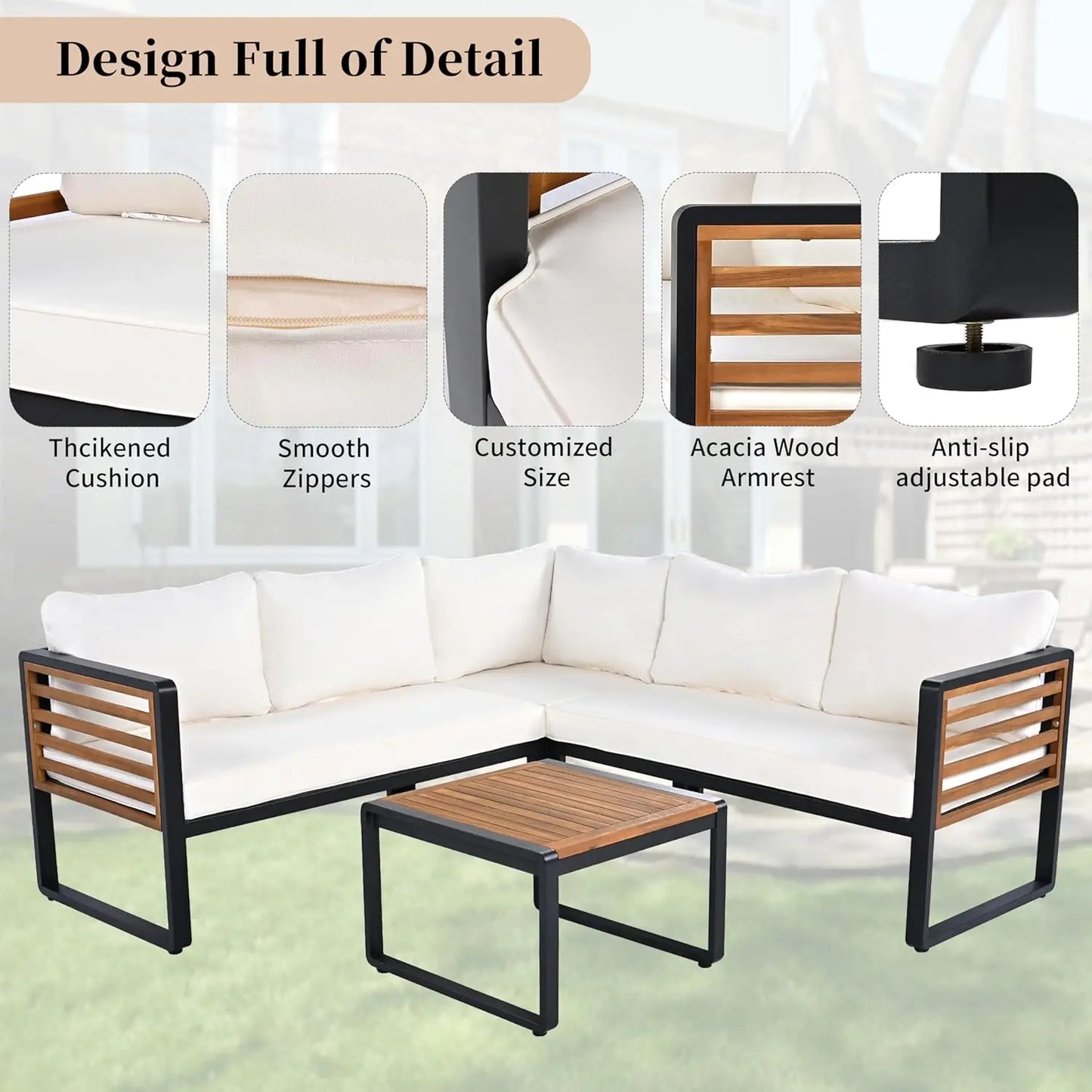 Modern L-Shaped Outdoor Conservation Sofa Set with Coffee Table, Acacia Wood Patio Sectional Sofa for Gardens,, Customized