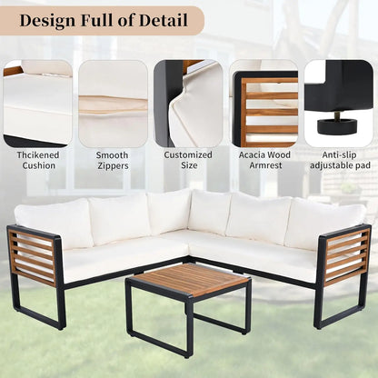 Modern L-Shaped Outdoor Conservation Sofa Set with Coffee Table, Acacia Wood Patio Sectional Sofa for Gardens,, Customized