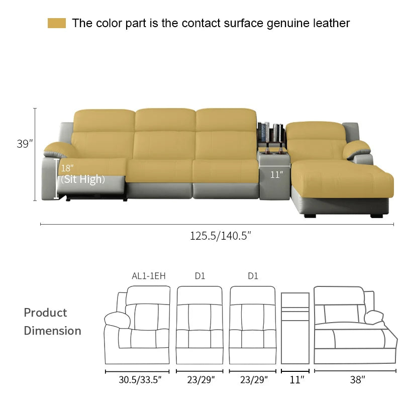 Modern Italian electric sofa set leather multi-functional recliner with characteristic metal corner combination