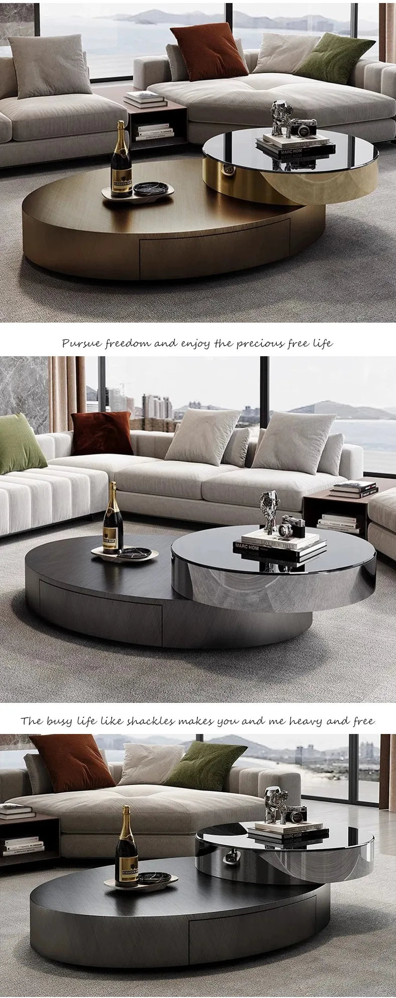 Italian Luxury Oval Coffee Tables Modern Minimalist Rotatable Center Coffee Table Set Stainless Steel Living Room Furniture FYCT