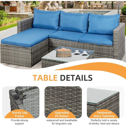 Outdoor Patio Furniture Sets, 3-Piece Patio Seating Sofas with Glass Coffee Table and Cushion, Garden Furniture Set