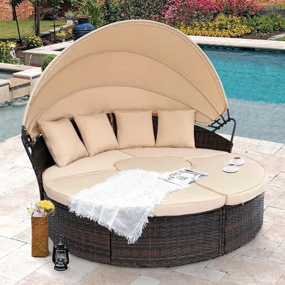 Outdoor Patio Round Daybed with Retractable Canopy, Brown Wicker Furniture Sectional Couch with Washable Cushions, Back