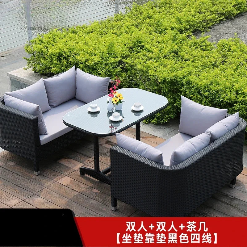 Nordic Outdoor Garden Sofas Leisure PE Rattan Garden Terrace Sofa Chair Set Courtyard Balcony Double Sofa Outdoor Furniture GG A