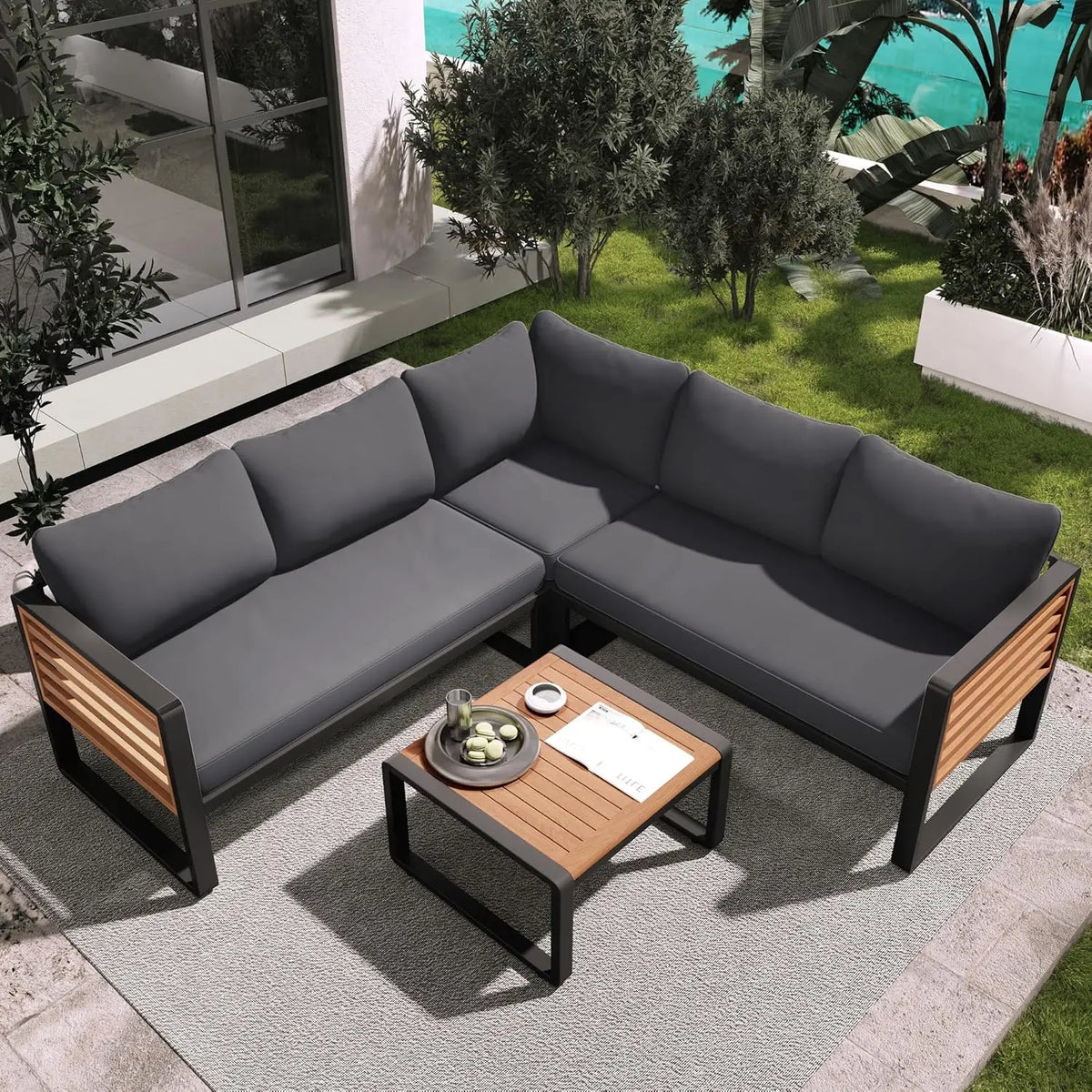 Modern L-Shaped Outdoor Conservation Sofa Set with Coffee Table, Acacia Wood Patio Sectional Sofa for Gardens,, Customized