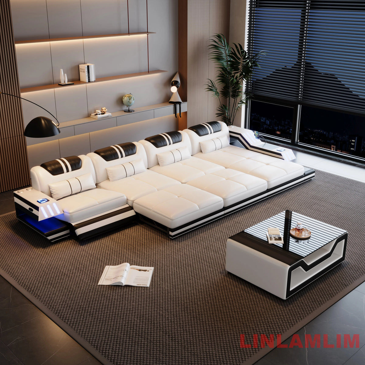 Convertible Genuine Leather Sectional Sofa Bed with Adjustable Headrests, Electric Recliners, Storage, Speakers, USB & LED Light