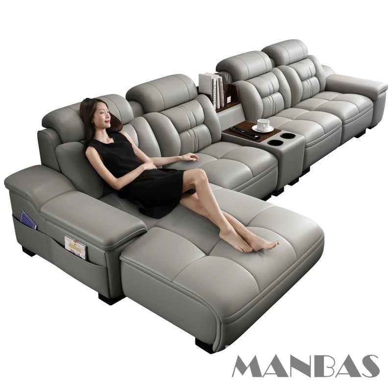 MANBAS Italian Genuine Leather Sectional Sofa with USB Charging, Bluetooth Speaker and Projector - Perfect for Your Living Room