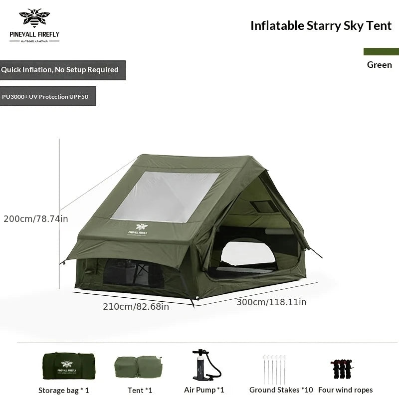 Outdoor inflatable camping tent with a panoramic skylight, suitable for activities such as camping, hiking, and fishing.