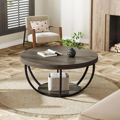32" Circle Marble Coffee Tables, 2-Tier Golden Metal Legs Accent Center Table with Open Storage Modern Design Home Furniture