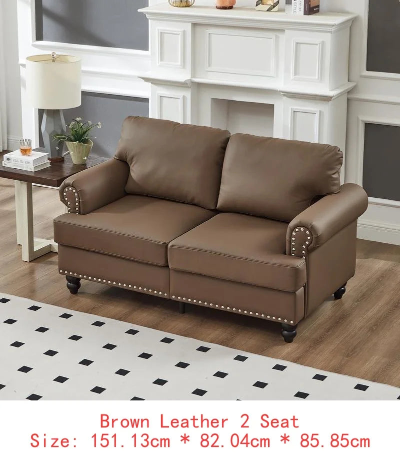 Modern Classic Design 2+3 Seater Loveseat & Sofa Leather Couch, Upholstered Imitation Cowhide Leather in Brown