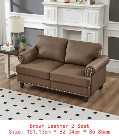 Modern Classic Design 2+3 Seater Loveseat & Sofa Leather Couch, Upholstered Imitation Cowhide Leather in Brown