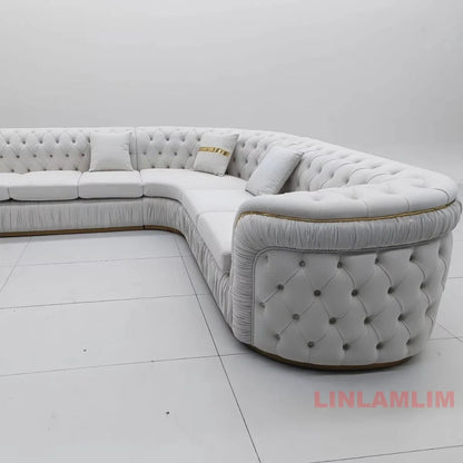 A Luxury Chesterfield Sectional Sofa Set With Cloth Buttons And Fabric Modular Couch With Gold Stainless Steel Base, 3-seater So