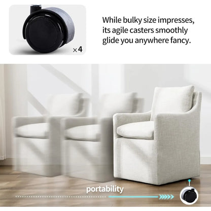 Linen Fabric Dining Chair, Living Room Accent Seat, Caster-Equipped Single Sofa, Bedroom Upholstered Armchair