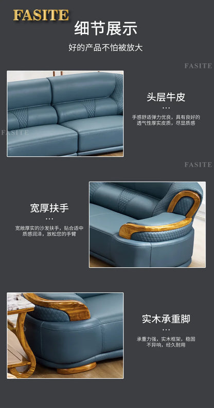 New Chinese ebony leather sofa modern simple living room large first layer yellow cowhide new solid wood combination
