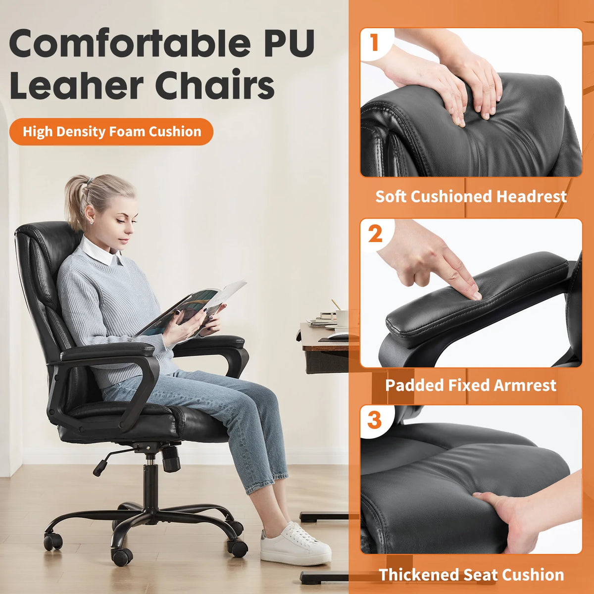 JHK Ergonomic Office Chair Heavy Duty Task Desk Chair with Flip-up Arms PU Leather Adjustable Swivel Rolling Gaming Chair