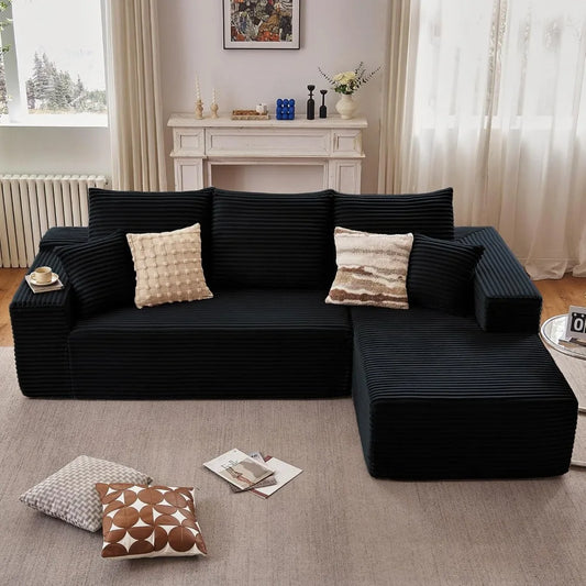 Sectional sofas for living spaces: plush l-shaped cloud-like couch with chaise, stylish cozy corduroy design"