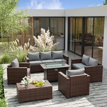 Furniture Set with Fire Pit Table, 8 Pieces Outdoor Oversized Sectional Sofa