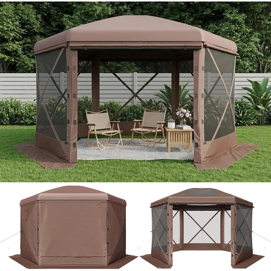 Feet Canopy Tent, 6-Sided Gazebo with Detachable Top, Portable Camping Shelter with Mesh Windows, Screen House for Outdoor Pati