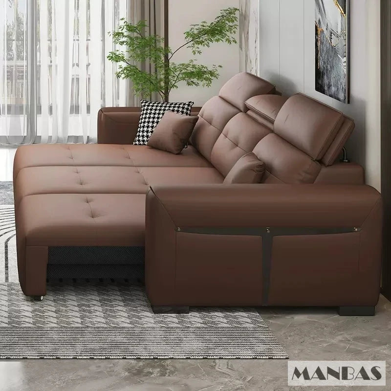 Genuine Leather Electric Convertible Sofa Bed with Adjustable Headrest, Multifunctional Folding Sofa Beds for Cinema Living Room