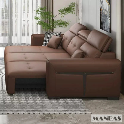 Genuine Leather Electric Convertible Sofa Bed with Adjustable Headrest, Multifunctional Folding Sofa Beds for Cinema Living Room