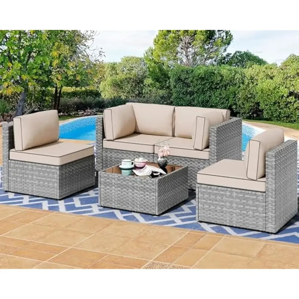 5 Pieces Outdoor Patio Sectional Sofa Couch, PE Wicker Furniture Conversation Sets with Washable Cushions & Glass Coffee Table