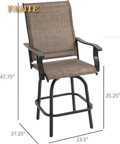 Set of 2 Outdoor Swivel Bar Stools with Armrests, Bar Height Patio Chairs with Steel Frame for Balcony, Poolside, Backyard