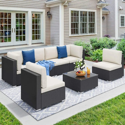 7-Piece Outdoor Patio Furniture Set, Sectional Sofa with PE Rattan Wicker, Conversation Area with Table and Cushions