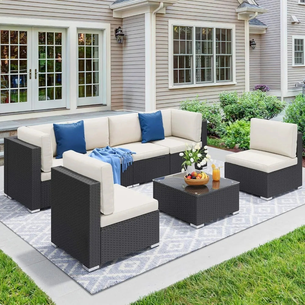 7-Piece Outdoor Patio Furniture Set, Sectional Sofa with PE Rattan Wicker, Conversation Area with Table and Cushions