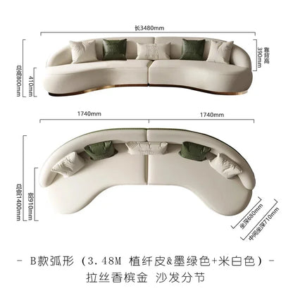 Two-color U-shaped villa leather sofa, modern light luxury semi-curved sofa