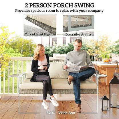 3 Person Wicker Porch Swing Chair Heavy Duty 800 LBS with Cup Holder, 57 Inch Outdoor Rattan Patio Hanging Swing Bench with Cus