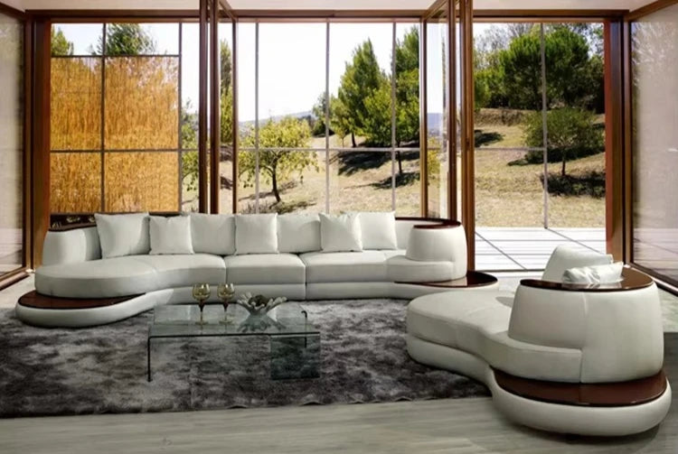 Modern Drawing Room Furniture High Quality Wooden Frame Leather Sectional Sofa Curved Couch Set