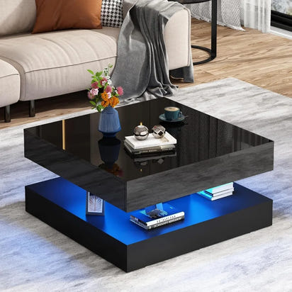 LED Coffee Table with Storage, Modern High Glossy Living Room Table w/2 Drawers,Double-Layer