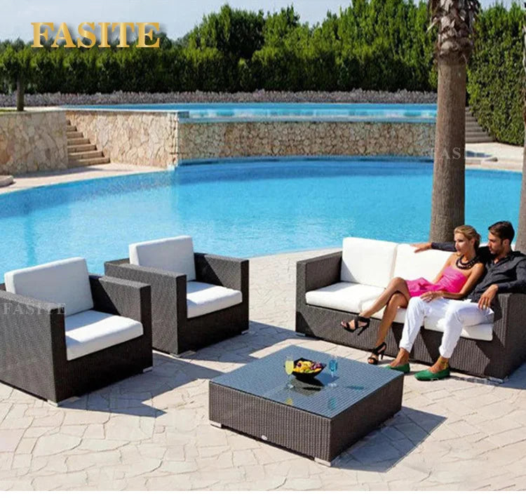 Outdoor rattan sofa, rainproof and sunscreen woven three piece set, tea table combination, outdoor furniture
