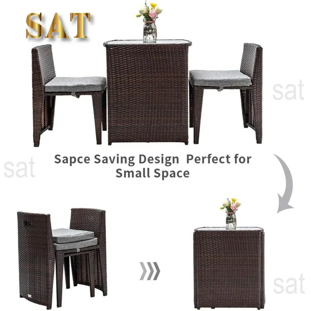 t Bonnlo 3 PCS Wicker Outdoor Patio Bistro Set, Patio Furniture Set for Small Space with Glass Top Table Dining Chairs, Balcony
