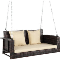 Heavy Duty 800 LBS Outdoor Rattan Porch Swing with Extra Cushion and Adjustable Chain in Brown for Garden Yard Lawn 4 FT